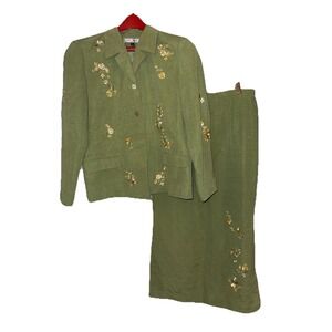 ANNA CAROLE Silk Linen Embroidered 2 Pc Suit Skirt Long Blazer‎ pencil Sz 16 VTG